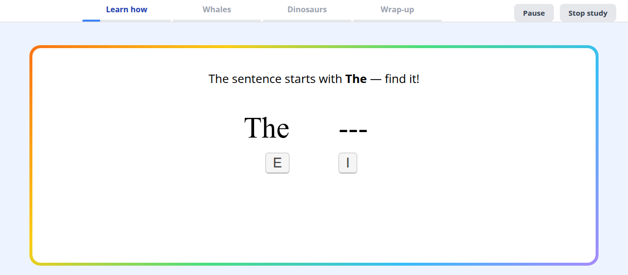 Kid-friendly Maze practice screen: a rainbow-bordered card with a tip above the words 'The' and '---', E and I key badges below, and a progress bar with pause and stop buttons at the top